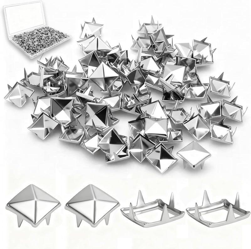 XIAEQOH 1000PCS 10mm 4-Prong Square Spikes, Silver Metal Pyramid Studs for Crafts, Punk Style Rivets for Leather Jacket, Clothing, Bag, Dog Collar, Durable & Easy to Install - Image 1